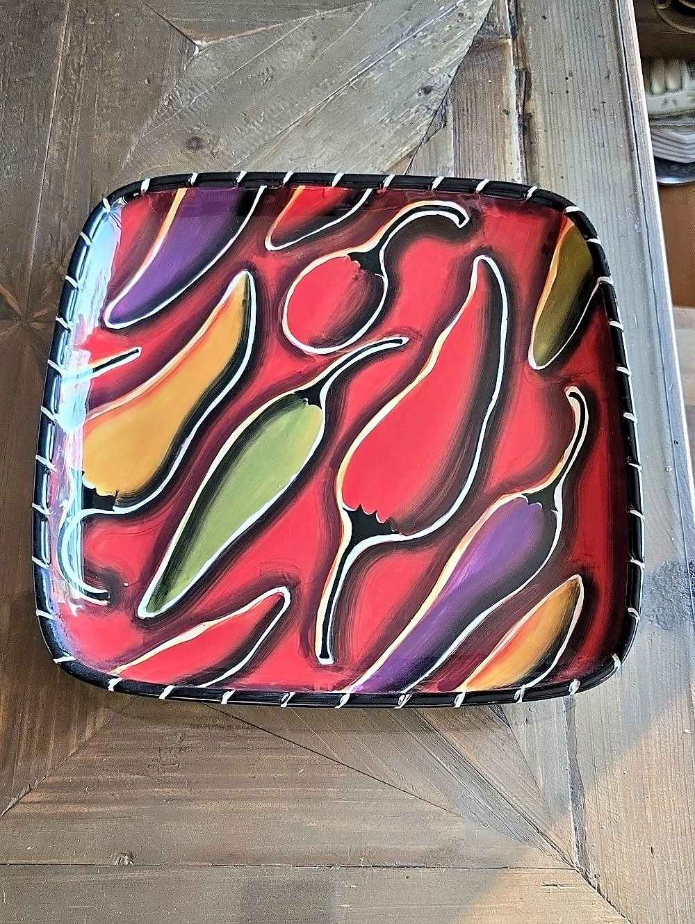 Clay Art Cayenne Hand-Painted Abstract Tray Red Multicolor Pepper Themed Square